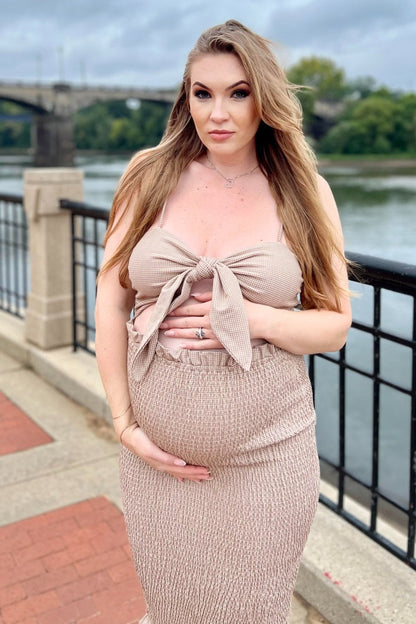 Mocha Gingham Print Smocked Fitted Self-Tie Maternity Midi Dress