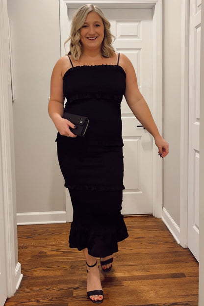Black Satin Smocked Fitted Midi Dress