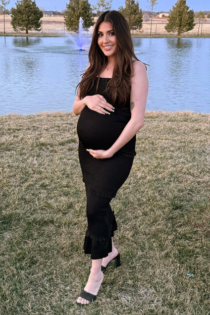 Black Satin Smocked Fitted Maternity Midi Dress