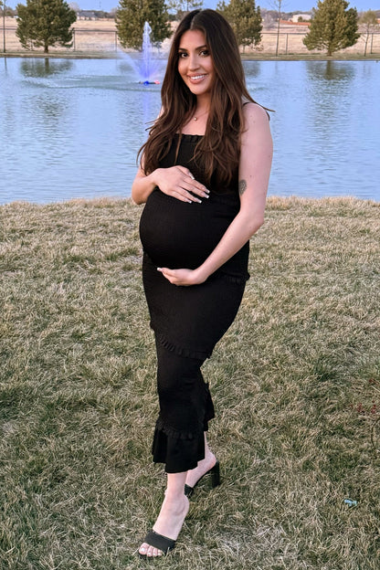 Black Satin Smocked Fitted Maternity Midi Dress