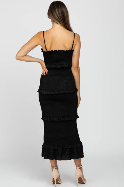 Black Satin Smocked Fitted Maternity Midi Dress