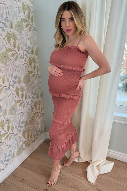 Mauve Satin Smocked Fitted Maternity Midi Dress