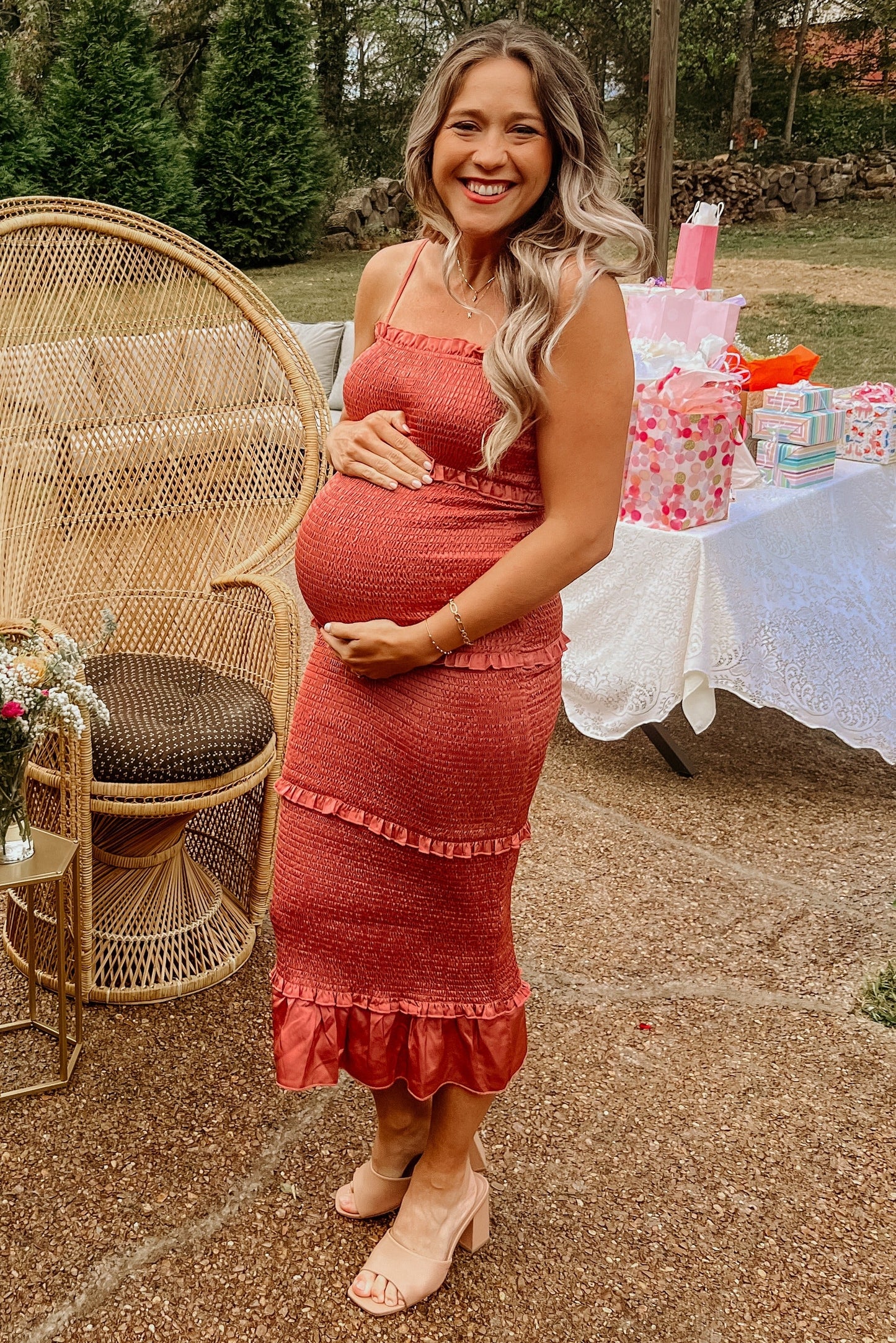 Mauve Satin Smocked Fitted Maternity Midi Dress