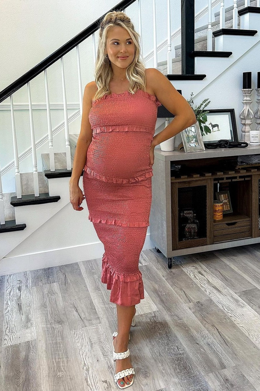 Mauve Satin Smocked Fitted Maternity Midi Dress