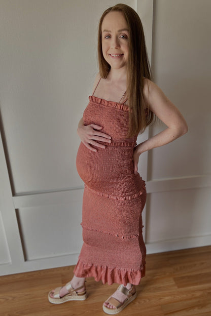 Mauve Satin Smocked Fitted Maternity Midi Dress
