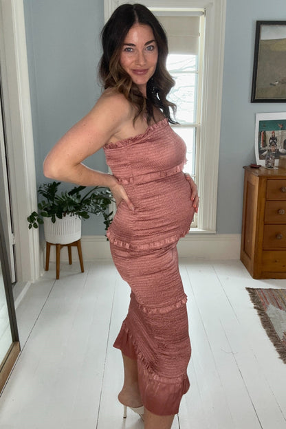 Mauve Satin Smocked Fitted Maternity Midi Dress