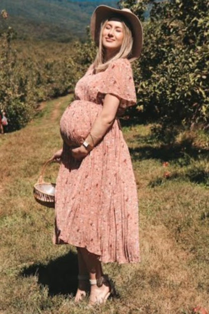 Light Pink Floral Pleated Short Sleeve Chiffon Maternity Midi Dress