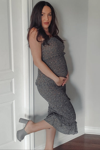 Forest Green Floral Print Smocked Fitted Maternity Midi Dress