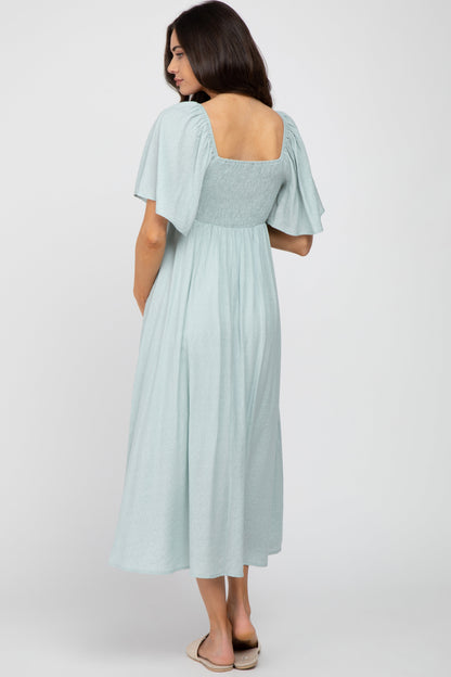 Light Blue Front Tie Ruffle Sleeve Maternity Midi Dress
