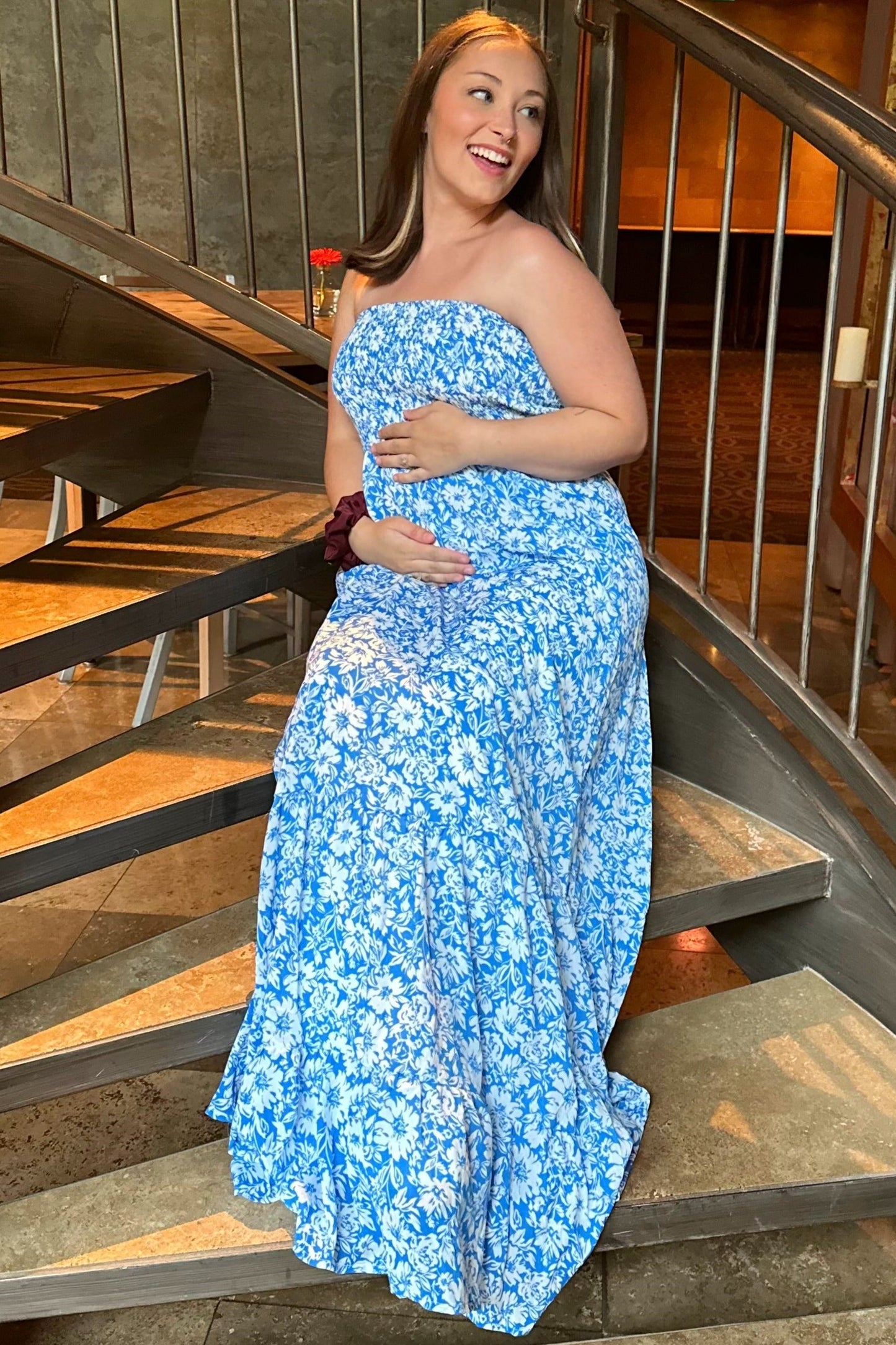 Blue Floral Strapless Smocked Maternity Maxi Dress