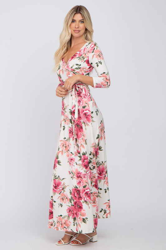 Cream Floral Wrap Maxi Dress