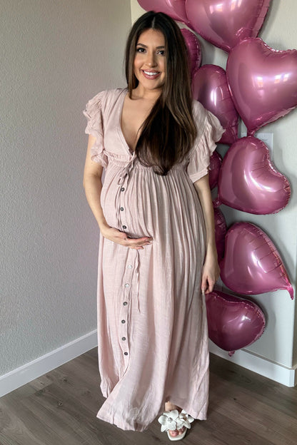 Light Pink Deep V-Neck Button Down Maternity Maxi Dress