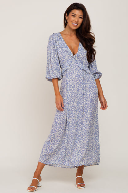 Blue Floral Ruffle V-Neck Maternity Midi Dress