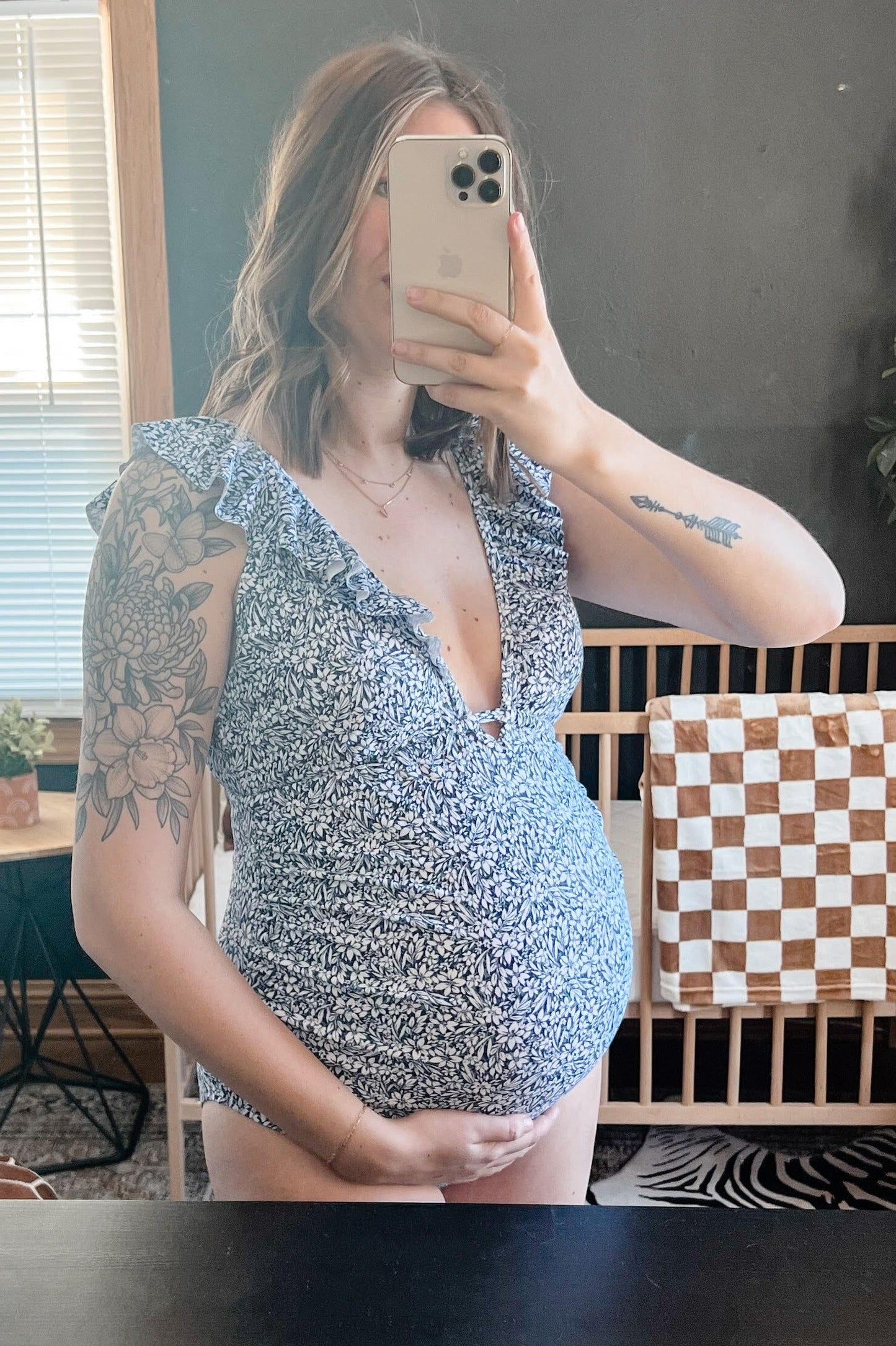 Blue Floral Ruffle Maternity One-Piece Swimsuit