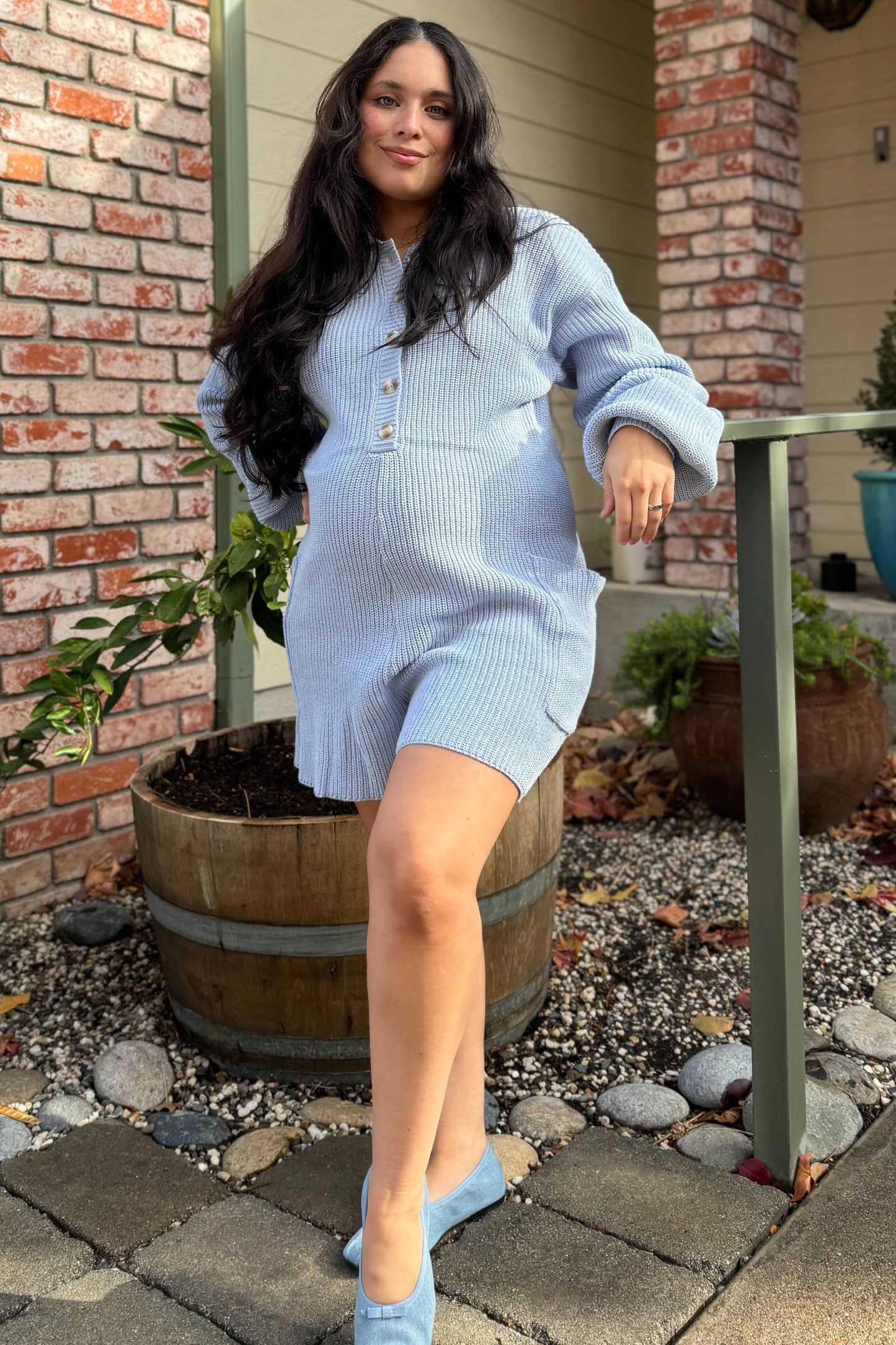 Light Blue Button Down Maternity Sweater Romper