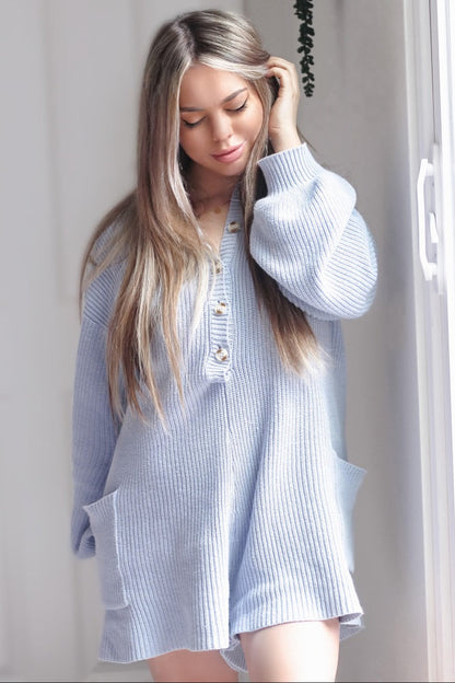 Light Blue Button Down Sweater Romper