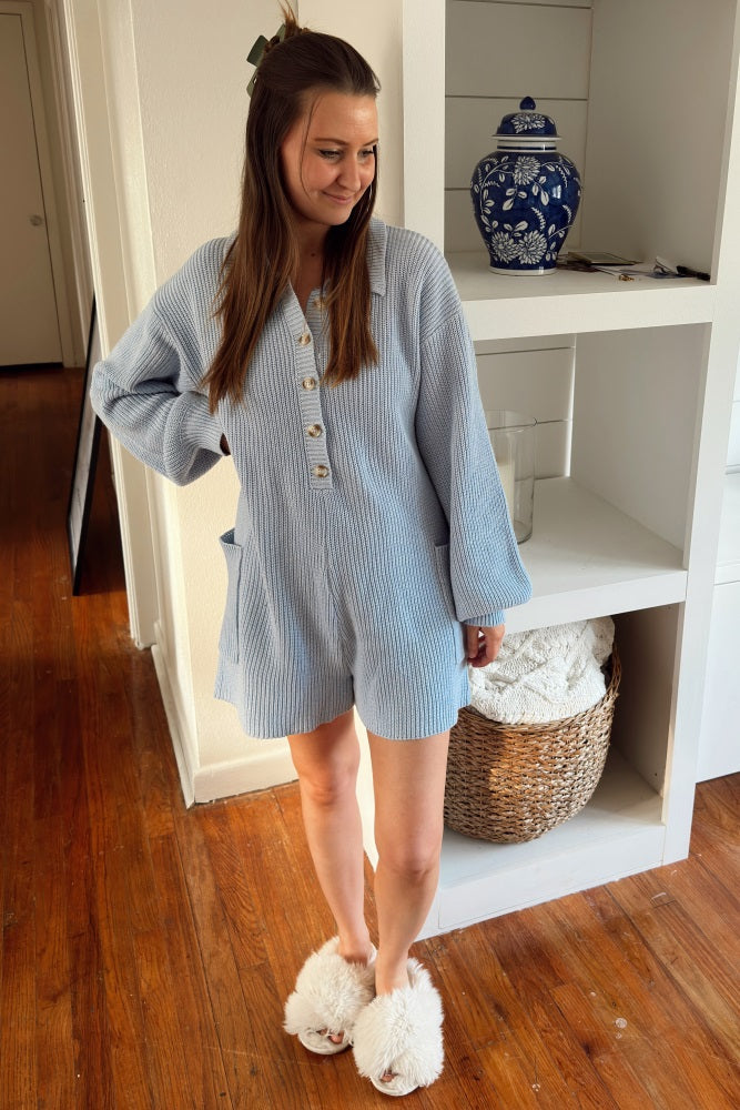 Light Blue Button Down Sweater Romper