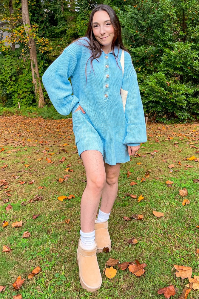 Light Blue Button Down Sweater Romper