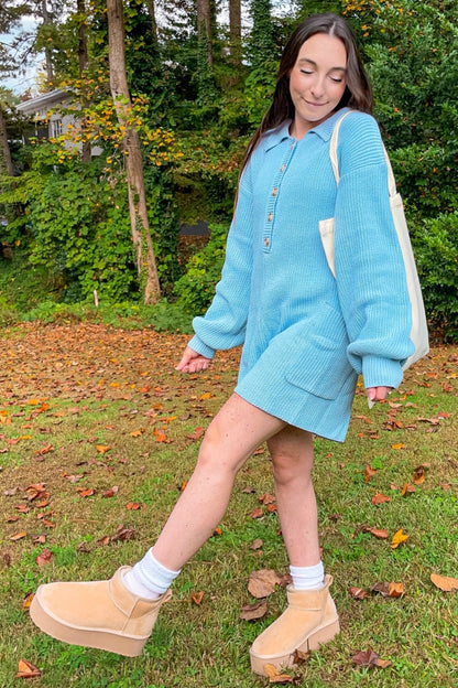 Light Blue Button Down Sweater Romper