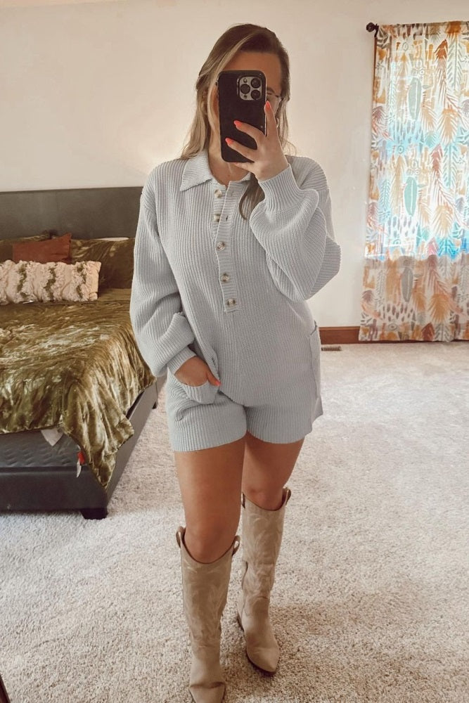 Light Blue Button Down Sweater Romper