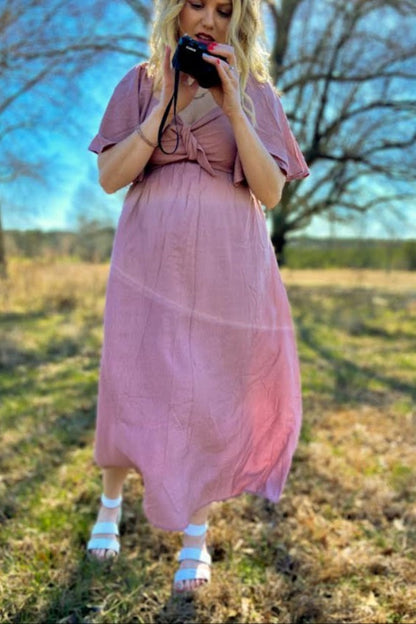Mauve Front Tie Ruffle Sleeve Maternity Midi Dress