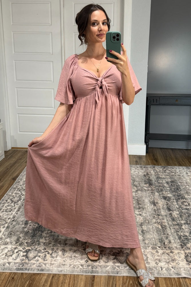 Mauve Front Tie Ruffle Sleeve Maternity Midi Dress