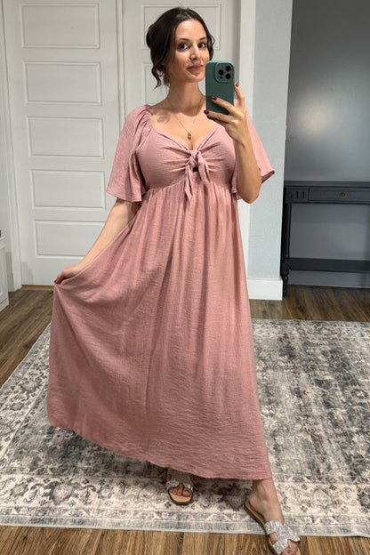 Mauve Front Tie Ruffle Sleeve Maternity Midi Dress