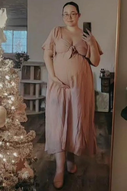 Mauve Front Tie Ruffle Sleeve Maternity Midi Dress