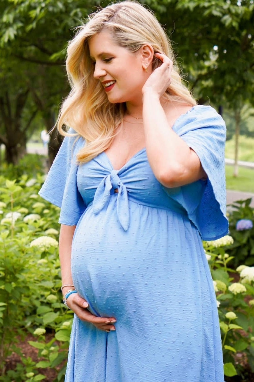 Blue Textured Dot Front Tie Ruffle Sleeve Maternity Midi Dress