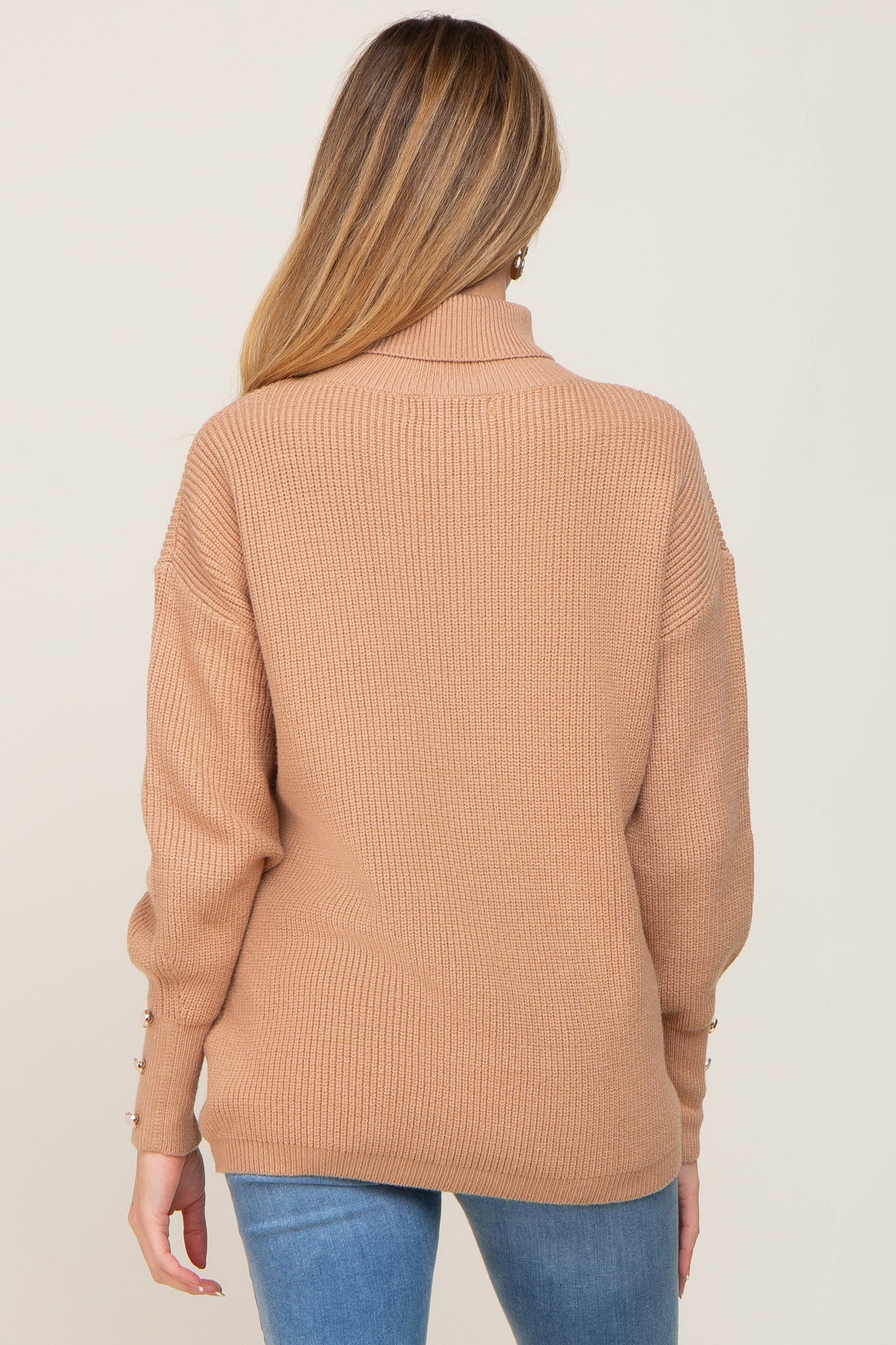 Camel Button Accent Turtleneck Maternity Sweater