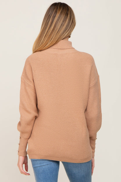 Camel Button Accent Turtleneck Maternity Sweater