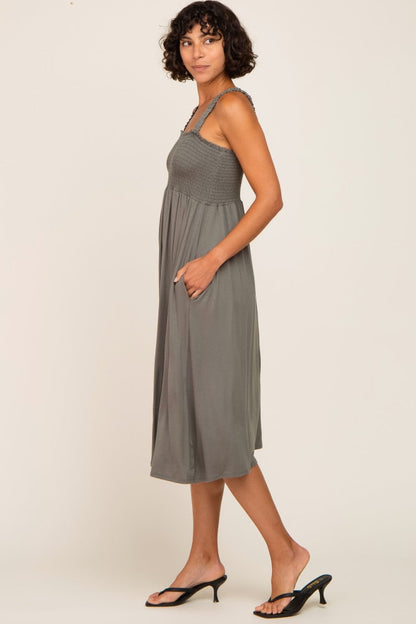 Olive Smocked Ruffle Strap Midi Dress