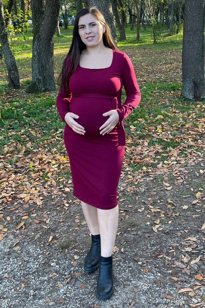 Burgundy Basic Square Neck Maternity Midi Dress