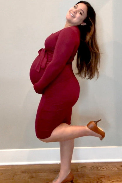 Burgundy Basic Square Neck Maternity Midi Dress