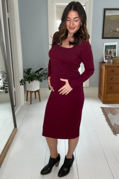 Burgundy Basic Square Neck Maternity Midi Dress