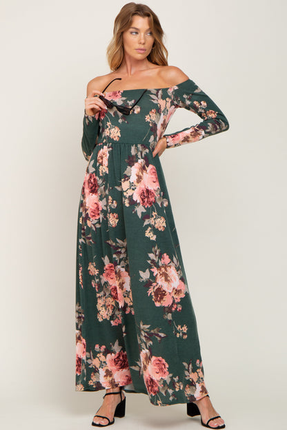 Forest Green Floral Off Shoulder Long Sleeve Maternity Maxi Dress