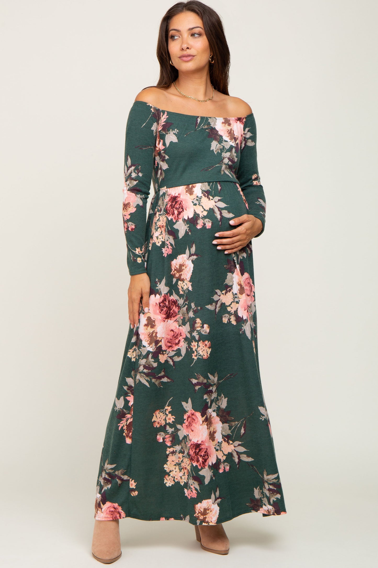 Forest Green Floral Off Shoulder Long Sleeve Maternity Maxi Dress