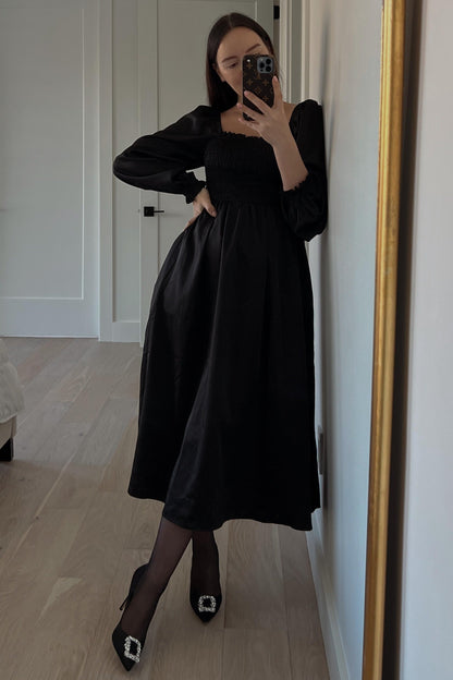 Black Smocked Square Neck Satin Midi Dress