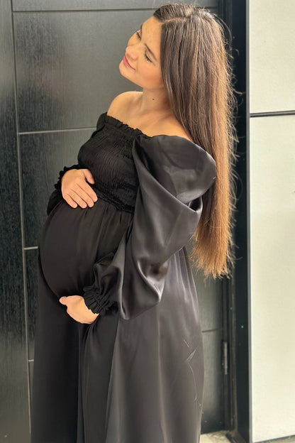Black Smocked Square Neck Satin Maternity Midi Dress