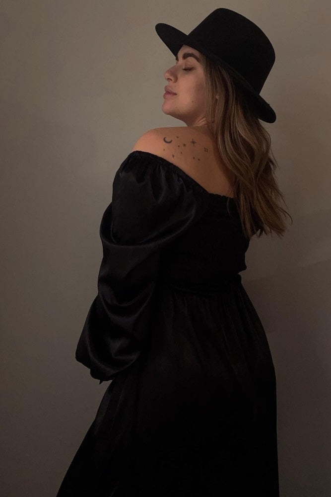 Black Smocked Square Neck Satin Maternity Midi Dress