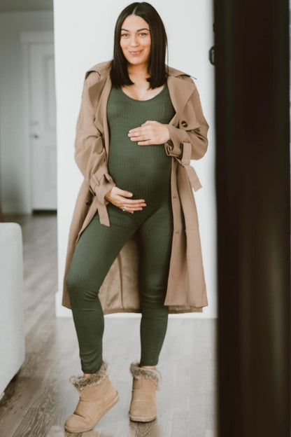 Olive Ribbed Bodycon Maternity Jumpsuit