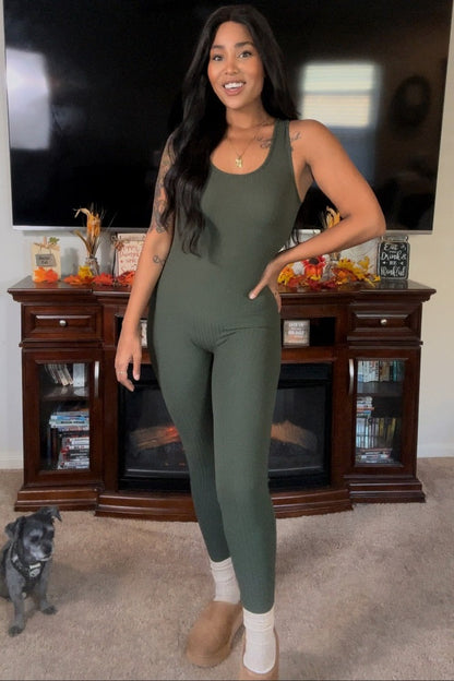Olive Ribbed Bodycon Jumpsuit