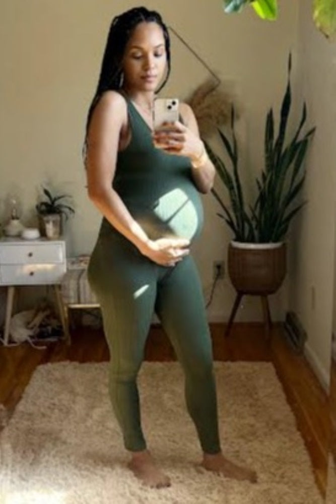 Olive Ribbed Bodycon Maternity Jumpsuit
