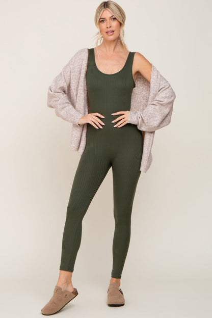 Olive Ribbed Bodycon Jumpsuit