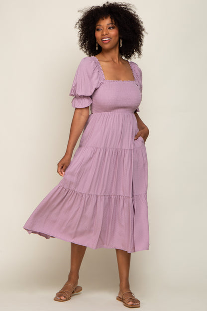 Mauve Swiss Dot Smocked Maternity Midi Dress