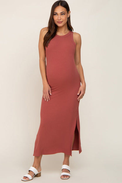 Rust Ribbed Maternity Side Slit Tank Dress