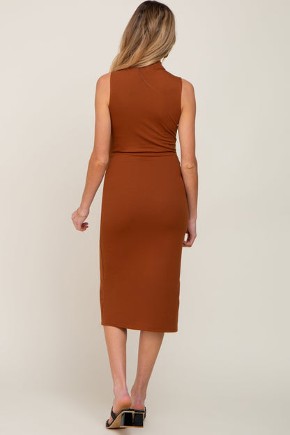 Camel Ribbed Sleeveless Mock Neck Maternity Midi Dress