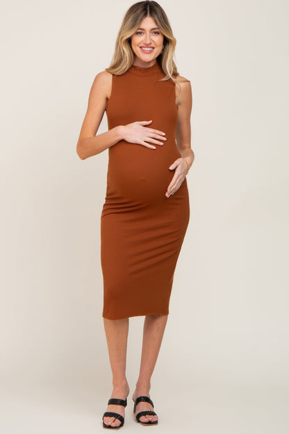 Camel Ribbed Sleeveless Mock Neck Maternity Midi Dress