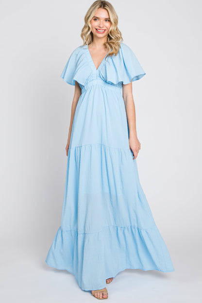 Light Blue Crepe Flounce Sleeve Tiered Maternity Maxi Dress