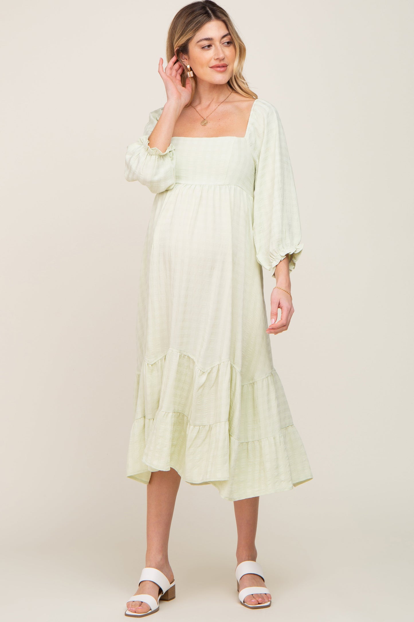 Light Green Striped 3/4 Cinched Sleeve Tiered Maternity Midi Dress